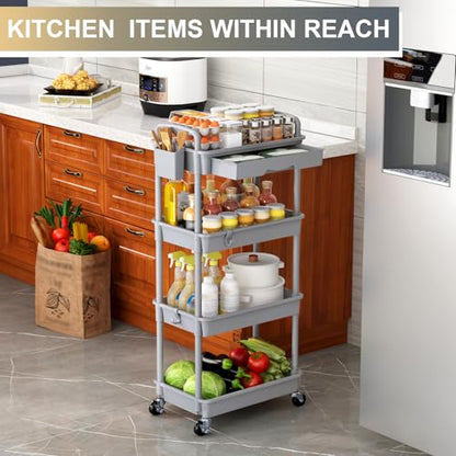 Goovilla 4 Tier Rolling Utility Cart Organizer with Removable Drawer, Grey - size: 4 Tier, style: Gray