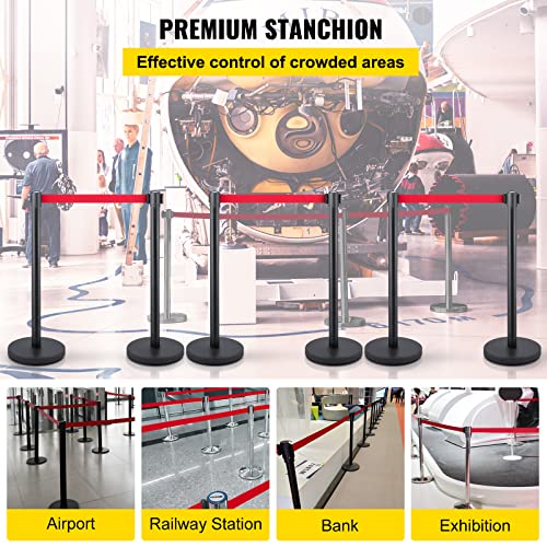 VEVOR Crowd Control Stanchion, Set of 6 Pieces Stanchion Set, Stanchion Set w/ 6.6 ft/2 m Red Retractable Belt, Crowd Control Barrier w/Rubber Base – Easy Connect Assembly for Crowd Control (Black) - color: Black & Red