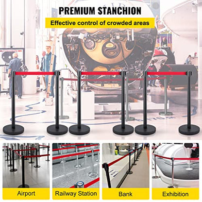 VEVOR Crowd Control Stanchion, Set of 6 Pieces Stanchion Set, Stanchion Set w/ 6.6 ft/2 m Red Retractable Belt, Crowd Control Barrier w/Rubber Base – Easy Connect Assembly for Crowd Control (Black) - color: Black & Red