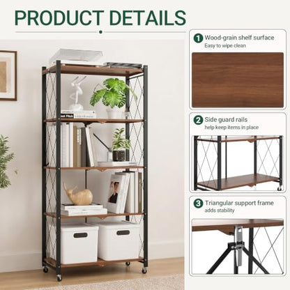 black leopard 5-Tier Foldable Shelf with Wheels, Wood-Grain Steel Shelves