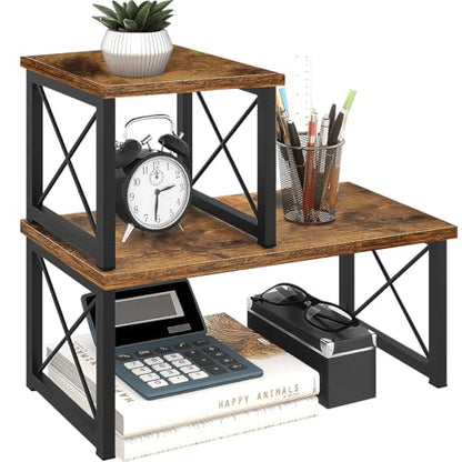 ELITEROO Wood Desktop Shelf, 2 Tier Adjustable Small Bookshelf Organizer - color: Rustic Brown