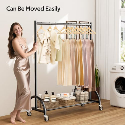 MISSLO Heavy Duty Clothing Rack with Wheels Rolling Clothes Racks for Hanging Clothes, Coats, Garment, Dress, Black - color: Black, size: 43"W x 14.8"D x 66"H (Large)