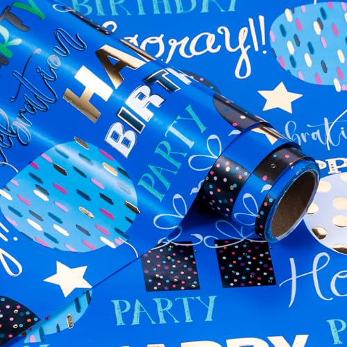 WRAPAHOLIC Birthday Wrapping Paper - Mini Roll - 17 Inch x 16.5 Feet - Blue Gold Foil Happy Birthday Wrapping Paper for Kids, Boys, Men, Baby Shower - color: Blue - Birthday Balloon & Lettering