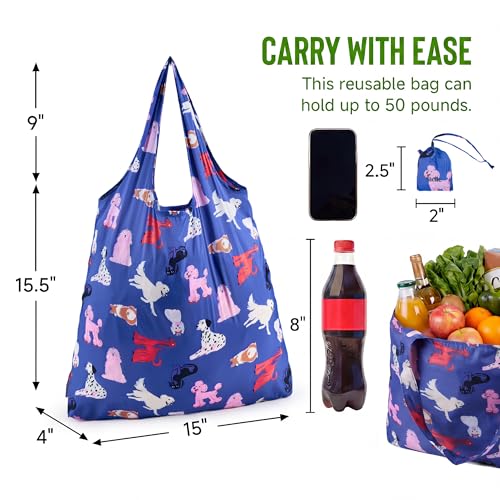 Stelle Lightweight Reusable Grocery Bag with Handles Ripstop Nylon Foldable Tote Shopping Bags for Travel and Groceries - color: Puppy Parade|blue