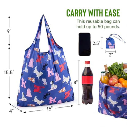 Stelle Lightweight Reusable Grocery Bag with Handles Ripstop Nylon Foldable Tote Shopping Bags for Travel and Groceries - color: Puppy Parade|blue