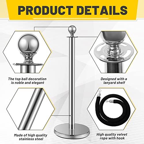 Ferraycle 4 Pcs Crowd Control Stanchions and Velvet Ropes 5 ft Poles Silver Crowd Control Barriers Black Ropes Stainless Steel Stanchions Post for Party Supplies