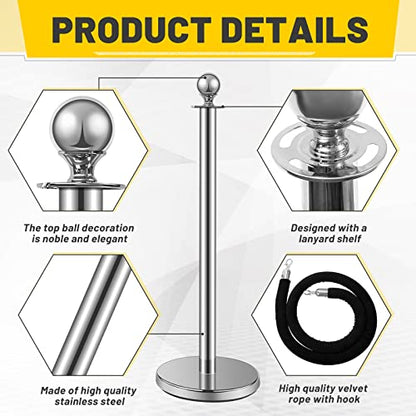 Ferraycle 4 Pcs Crowd Control Stanchions and Velvet Ropes 5 ft Poles Silver Crowd Control Barriers Black Ropes Stainless Steel Stanchions Post for Party Supplies