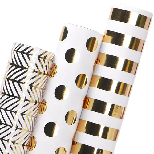 Ribbli Birthday Wrapping Paper White and Gold Gift Wrapping Paper for Christmas Mini Roll, 3 Rolls Polka Dots Stripes Geometry Pattern with Gold Foil - 17 inch x 120 inch(10feet) Per Roll - color: White/Gold