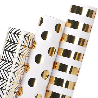 Ribbli Birthday Wrapping Paper White and Gold Gift Wrapping Paper for Christmas Mini Roll, 3 Rolls Polka Dots Stripes Geometry Pattern with Gold Foil - 17 inch x 120 inch(10feet) Per Roll - color: White/Gold