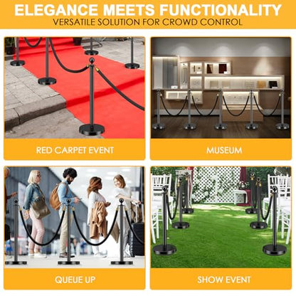 LOVMOR Crowd Control Stanchion, Set with 5 ft/1.5 m Red Velvet Rope, Set of 8 Pieces, Stanchion Rope Divider, Black Queue Barrier Line Divider with Fillable Plastic Base, Airport - color: Black-8pack