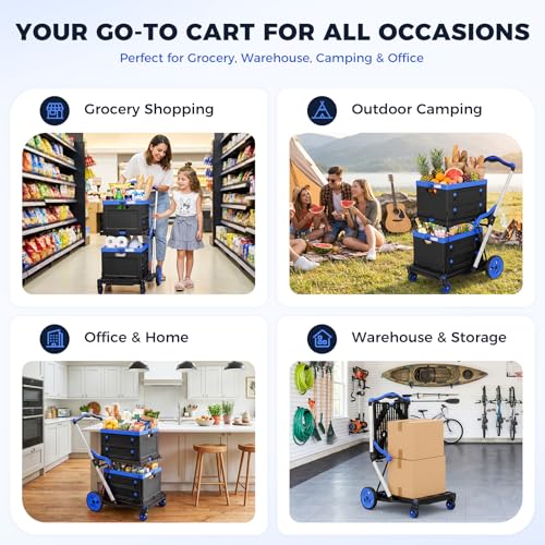 Collapsible Shopping Cart with Wheels, Foldable Platform Hand Truck (Blue) - color: Blue