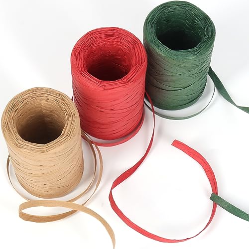 Tenn Well 3Rol 984ft Raffia Ribbon Red Green Natural for Gift Wrapping - color: Red+Green+Natural