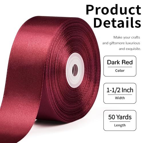 Mauproy Dark Red Satin Ribbon, 1-1/2 Inch, 50 Yards - color: Dark Red