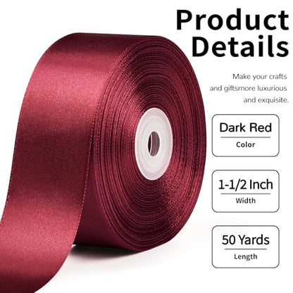 Mauproy Dark Red Satin Ribbon, 1-1/2 Inch, 50 Yards - color: Dark Red