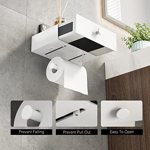 VOLDRA Toilet Paper Holder with Shelf White Wipes Dispenser for Bathroom Toilet Paper Holder with Storage Upgrade Drawer Design Toilet Tissue Holder Adhesive Small Bathroom Shelf Wall Mount - color: White
