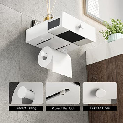 VOLDRA Toilet Paper Holder with Shelf White Wipes Dispenser for Bathroom Toilet Paper Holder with Storage Upgrade Drawer Design Toilet Tissue Holder Adhesive Small Bathroom Shelf Wall Mount - color: White