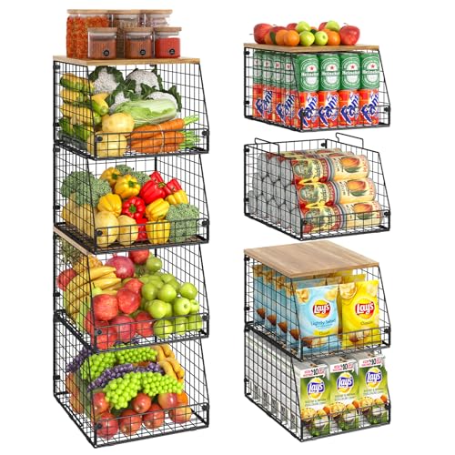 Jakyitvi 4 Pack Stackable Wire Baskets with Fixed Wooden Top, Vegetable Fruit Storage Bins for Onion Potato Snack, Pantry Baskets for Kitchen Cabinet Countertop, Pantry Organizers and Storage Rack - size: 4 Pack with Wooden Top—Narrow 11.8"W x 15.4" D