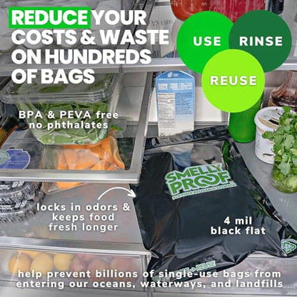 50pk 4-MIL Thick Heavy Duty, 2-Gallon Freezer Zipper Bags, Reusable Food Storage, US-Made, Non-Silicone, BPA Free, No PEVA, 50 x Smelly Proof Bags, NO SMELL Triple Zip BLACK 12" x 16"