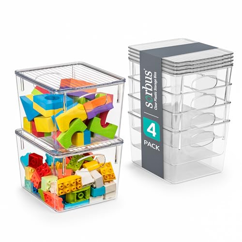Sorbus Clear Toy Storage Bins with Lids, Stackable (Medium, 4 Pack) - size: Medium, style: 4 Pack