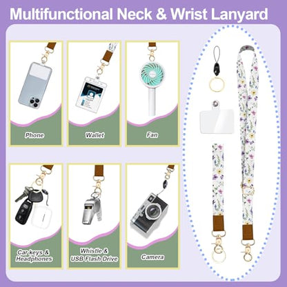 Floral ID Badge Holder & Lanyard Wallet, Cute RFID Women ID Badge Wallet for Women, Credit Card Holders with Zipper Pocket Keychain Phone Lanyard Wrist Strap for Teacher Nurse Gifts - color: White Flowers Leaves