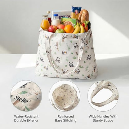 Stelle Lightweight Reusable Grocery Bag with Handles Ripstop Nylon Foldable Tote Shopping Bags for Travel and Groceries - color: Panda Friends
