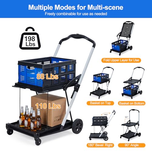 2-Tier Collapsible Aluminum Utility Cart, 198 Lb Capacity, 360° Wheels - color: Blue