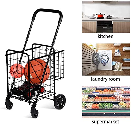 Happygrill Foldable Shopping Cart, Grocery Cart on Wheels with Double Basket, Swivel Wheels and Adjustable Handle, Utility Cart or Grocery Laundry Luggage Travel