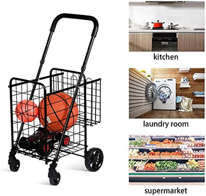 Happygrill Foldable Shopping Cart, Grocery Cart on Wheels with Double Basket, Swivel Wheels and Adjustable Handle, Utility Cart or Grocery Laundry Luggage Travel