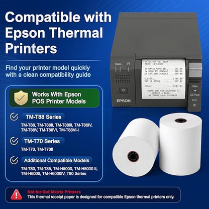 3 1/8 x 230 Thermal POS Rolls for Epson Printers, BPA Free Thermal Printing Compatible with TM-T88 TM-T70 TM-T80 TM-T85 TM-H6000 T90 Series, Credit Card Machine & POS Printer Supplies, Pack of 24 - size: 24 rolls