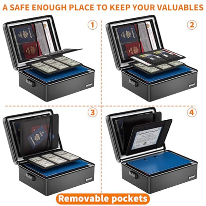 ENGPOW Fireproof Document Box with Lock & Heat-Resistant Fireproof Zipper - color: Black, size: 15.4 x 11.8 x 5.5 inches