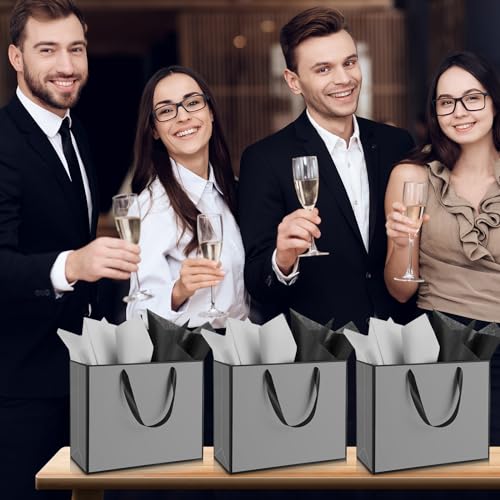 ReliThick 12 Pack Paper Gift Bag with Handles & Tissue, Gray, Black - color: Grey, Black