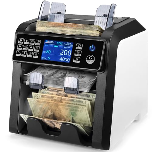 MUNBYN IMC08 Dual Money Counter Machine Mixed Denomination with Reject Pocket, Value Counting, Counterfeit Detection 2 CIS/UV/MG/IR, Sort&Print Enabled Cash Counter, Mixed Bill Counter (White) - color: White