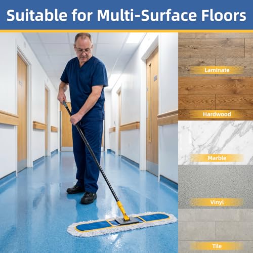36" Commercial Dust Mop for Floor Cleaning, Heavy Duty Dry Dust Mop with 2 Mop Pads & 59" Long Handle, Professional Janitorial Floor Duster for Home, Garage, Hotel, School, Gym