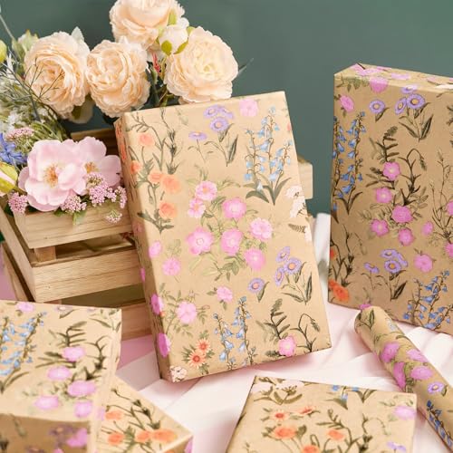 WERNNSAI Kraft Floral Wrapping Paper 17 In x 33 Ft Wild Flower Gift Wrap - color: Spring Wildflowers