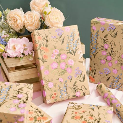 WERNNSAI Kraft Floral Wrapping Paper 17 In x 33 Ft Wild Flower Gift Wrap - color: Spring Wildflowers