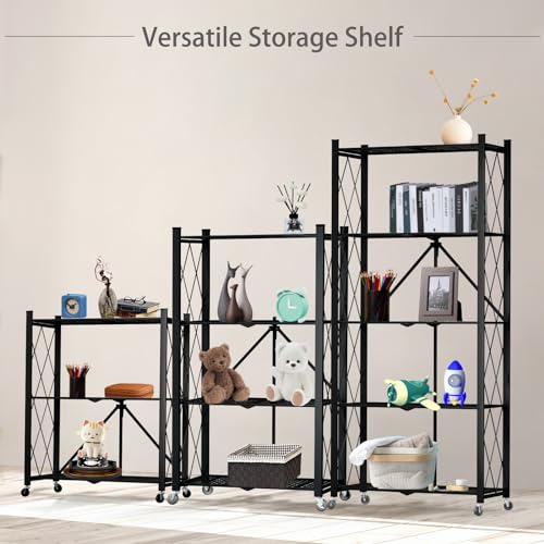 3 Tier Foldable Storage Shelf with Wheels Garage Shelving - color: Black, size: 3 Tier