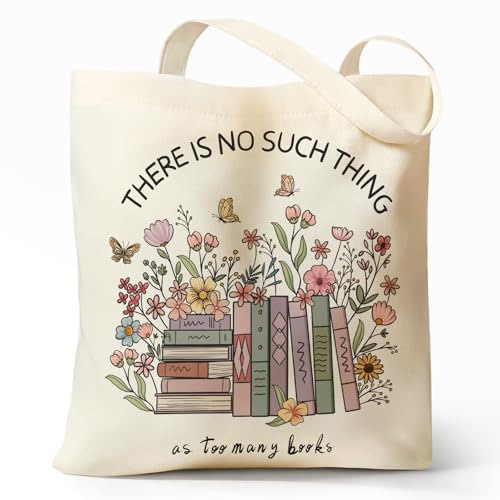 Cute Canvas Tote Bag for Women, Book Totebag with Zipper Pocket - color: Books and Flowers