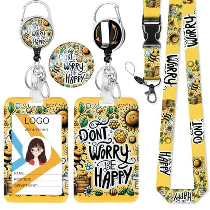 Cute Bee ID Badge Holder with Lanyard and Retractable Badge Reel - color: Bee Happy