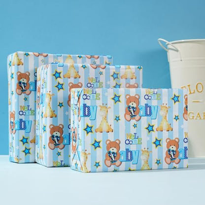 ZINTBIAL Baby Shower Wrapping Paper Roll - Blue Animal Heart Theme Newborn Gift Wrap Paper for Boy Baby Shower, Children's Christening, Birthday, New Mommy - 17.5 in x 16.5 ft，Cut Lines on Back - color: Baby Shower-Blue
