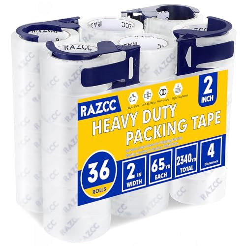 RAZCC Clear Packing Tape, 36 Rolls Heavy Duty Packaging Tape with Dispensers for Packing Shipping Moving and Sealing, Thicker Packing Tape-2" x 65 Yards Per Roll, 2340 Total Yards - size: 2inch-36 Rolls