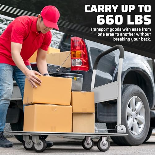 Heavy Duty Foldable Push Cart Dolly | 660 lbs. Capacity | Upgraded Collapsible Hand Truck Folding Platform with Swivel Wheels | Flat Bed Moving Wagon | Space Saving Push Handle (White) - color: White, 660 Lbs. Capacity