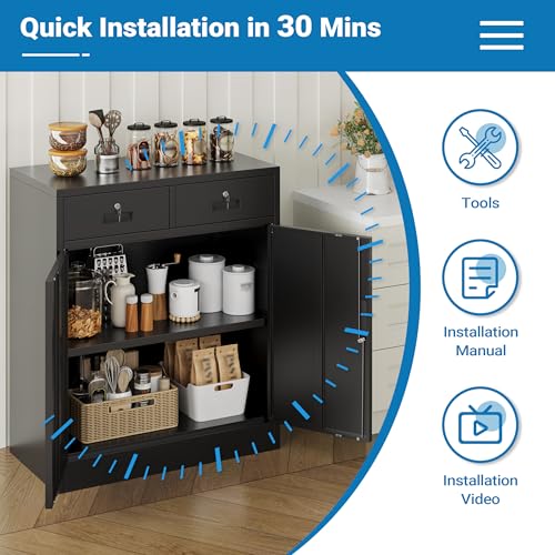 Metal Storage Cabinet, 36" Locking Cabinet with 2 Drawers & Shelves - color: Black, size: 36"H×32"W×16"D-2Drawer