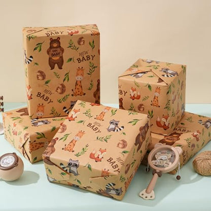 ZINTBIAL Kraft Baby Shower Wrapping Paper Roll - Unisex Baby Showers & Kids Birthdays Gift Wrap Paper - 17 Inch x 33 Feet - Cute Animal Design with Cut Lines, Newborn Theme Party for Boy or Girl - color: Baby Shower-Brown