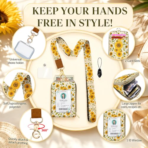 Lanyard Wallet with Lightweight ID Badge Holder, RFID Blocking Card Holder - color: Sunflower Bee