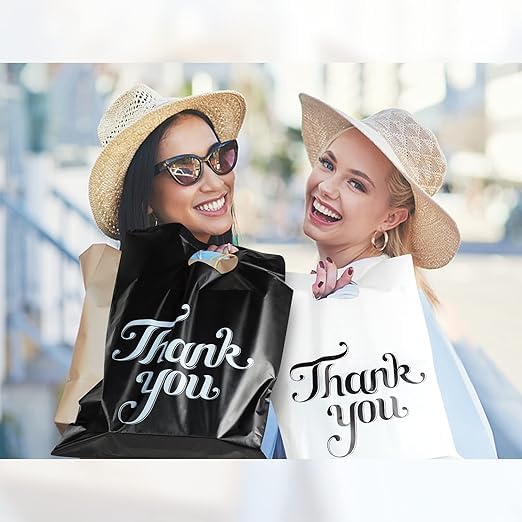 100 Pack Thank You Bags for Small Business, 8 x 12 Inch Plastic Shopping Bags with Handles (WHITE, 18" X 14") - color: WHITE