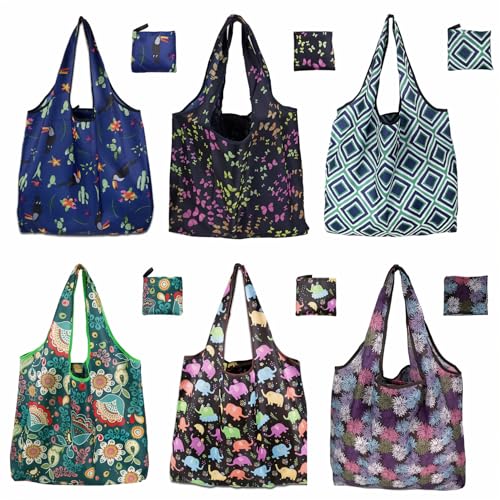 Foldable Reusable Shopping Bags,6 Pack Heavy Duty Tote for Grocery - color: 6pcs-styled