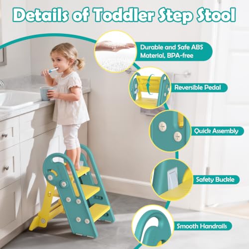 Onasti Folding Step Stool with Adjustable Height, 3-Step Converts to 2-Step, Sturdy Anti Slip Bathroom Step Stool for Toilet, Bathroom Sink, Kitchen Counter, Space Saving Design for Home Use- Green - color: Green Yellow