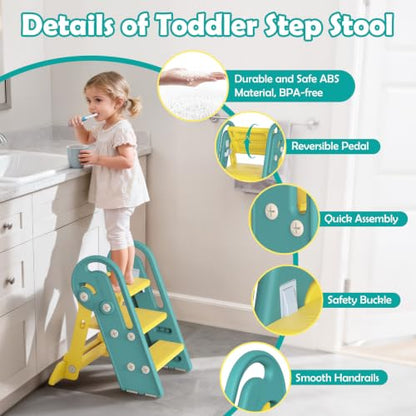 Onasti Folding Step Stool with Adjustable Height, 3-Step Converts to 2-Step, Sturdy Anti Slip Bathroom Step Stool for Toilet, Bathroom Sink, Kitchen Counter, Space Saving Design for Home Use- Green - color: Green Yellow