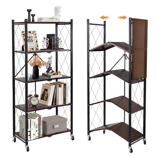 5-Tier Foldable Storage Shelves with Wheels,Folding Bookshelf no Assembly - color: Rustic Brown, size: 5 Tier