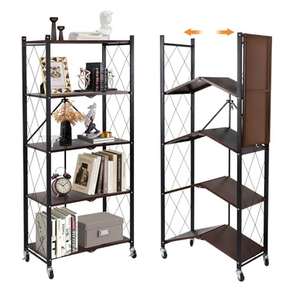 5-Tier Foldable Storage Shelves with Wheels,Folding Bookshelf no Assembly - color: Rustic Brown, size: 5 Tier